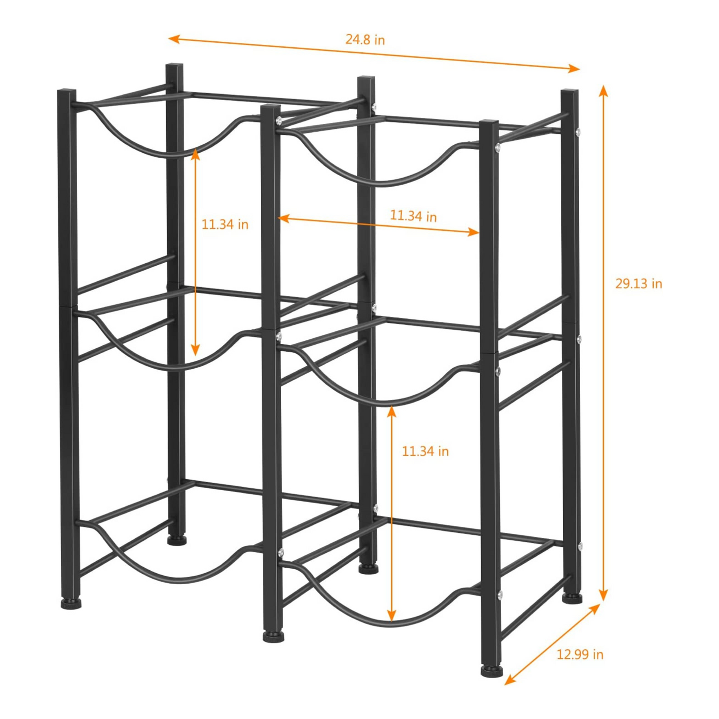 Keep your water jugs easily accessible and your space organized with this heavy-duty steel water bottle holder. Measuring 24.8” x 12.9” x 29.1” (LWH), this standing water jug holder can hold up to 6 water gallon jugs at one time. It also features adjustable screw feet to provide stability and prevent floor damage.
