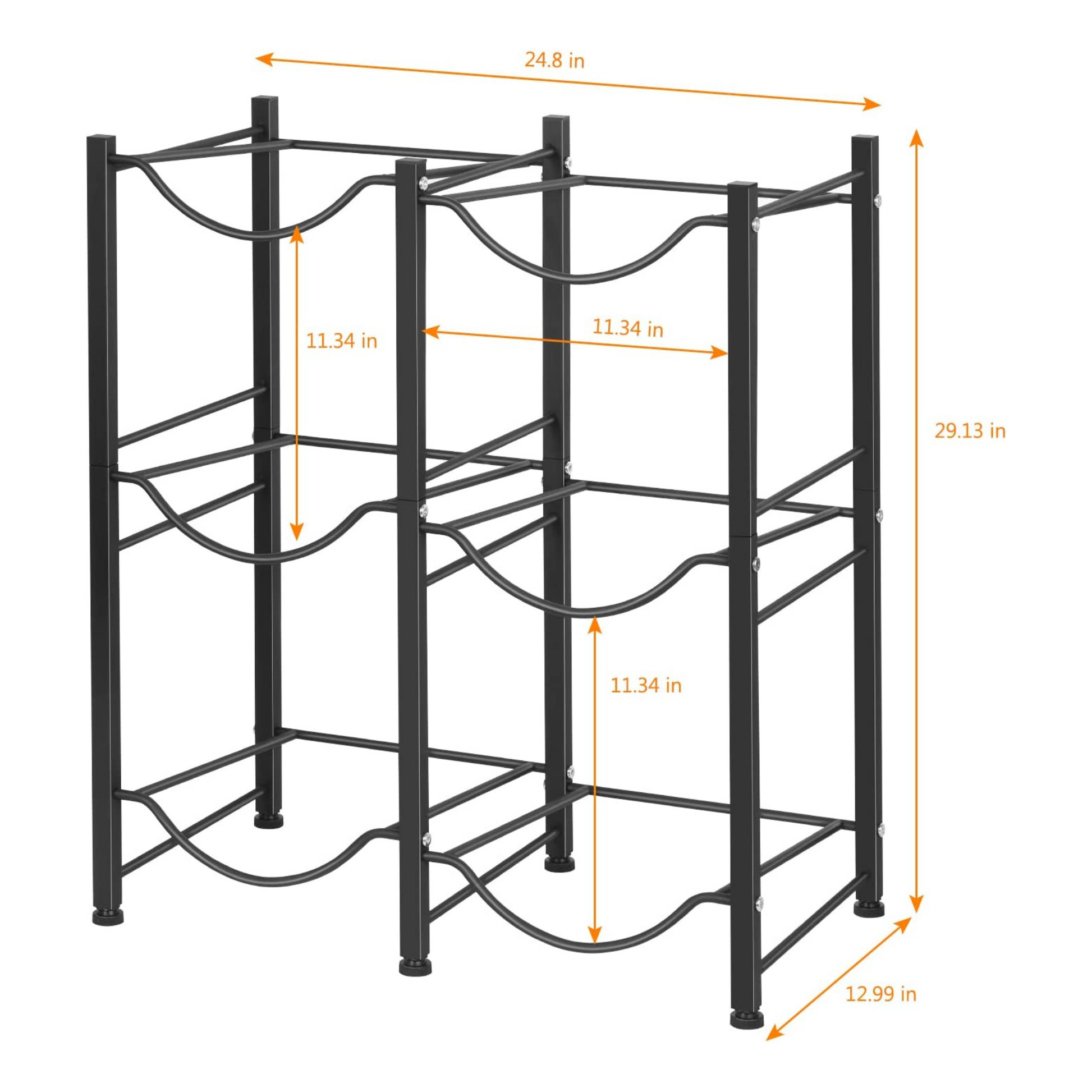 Keep your water jugs easily accessible and your space organized with this heavy-duty steel water bottle holder. Measuring 24.8” x 12.9” x 29.1” (LWH), this standing water jug holder can hold up to 6 water gallon jugs at one time. It also features adjustable screw feet to provide stability and prevent floor damage.