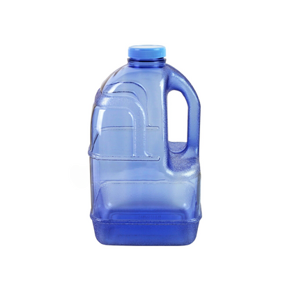 BPA-free blue plastic water jug with a 1-gallon capacity and convenient handle for easy transport