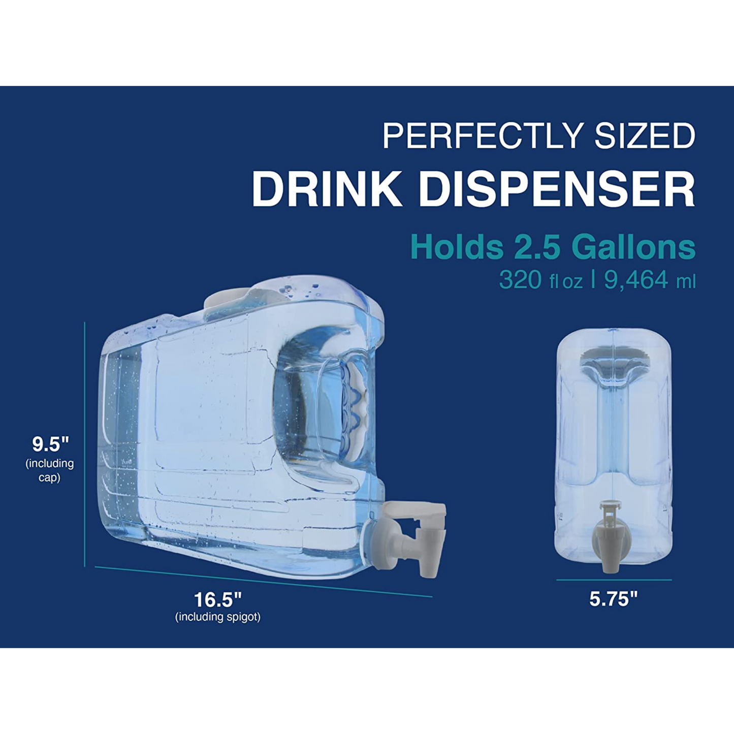 Sleek and practical 2.5-gallon water dispenser in clear blue with spigot dispenser, leak-proof screw cap, and ergonomic handle.