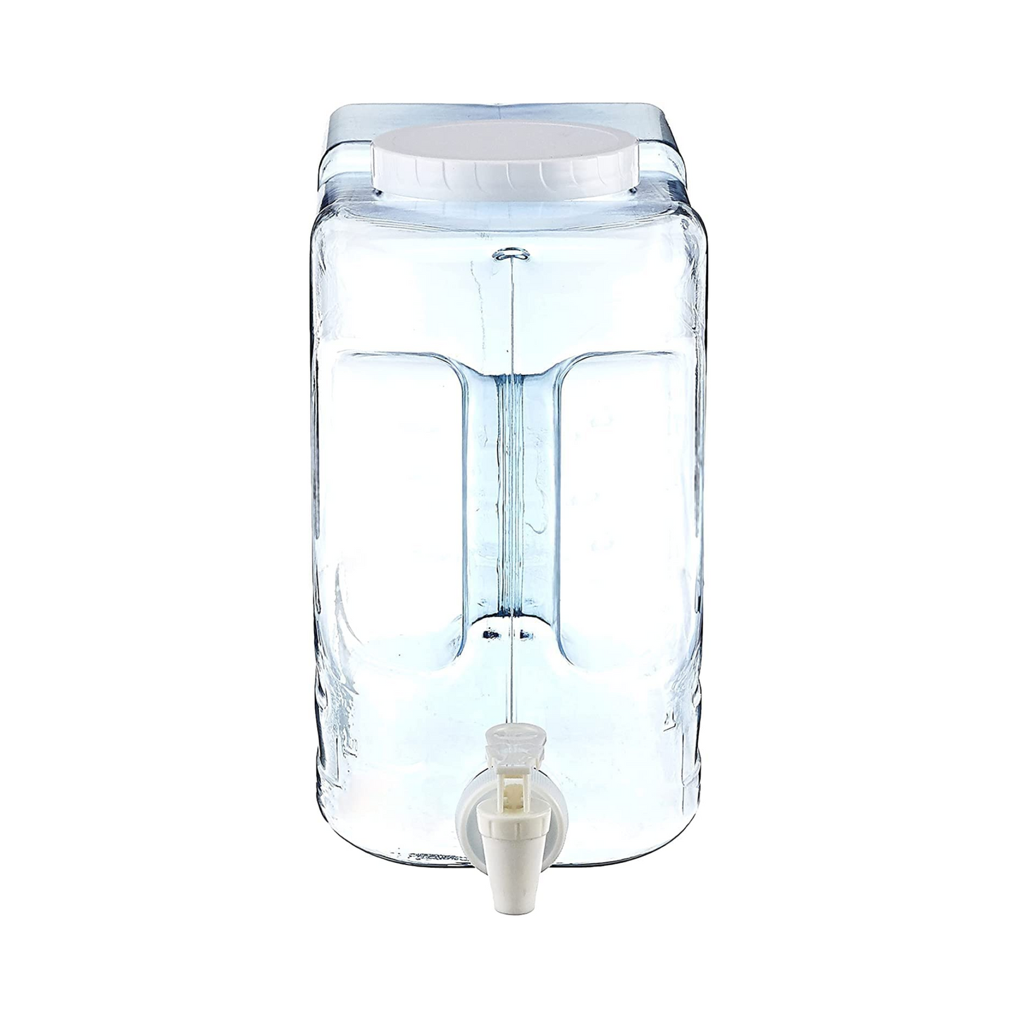 Clear blue 2.5-gallon water dispenser with spigot dispenser, easy-grip handle, and leak-proof screw cap for convenient use.