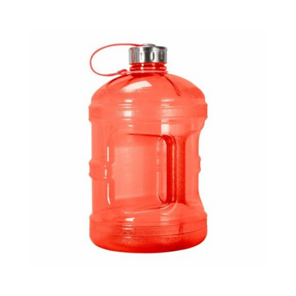 Red 1-gallon water bottle with twist cap, featuring a BPA-free design and convenient handle for easy transport