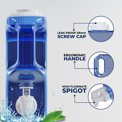 Ergonomic 1.1 gallon water dispenser with a high flow rate spigot, 58 mm leak proof screw cap, and easy-to-grip handle for comfortable use.