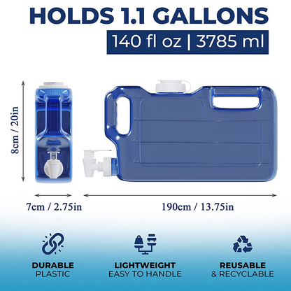 1.1 gallon water dispenser with high flow rate spigot, ergonomic handle, and 58 mm leak proof screw cap, ensuring easy and mess-free pouring of your favorite beverages.