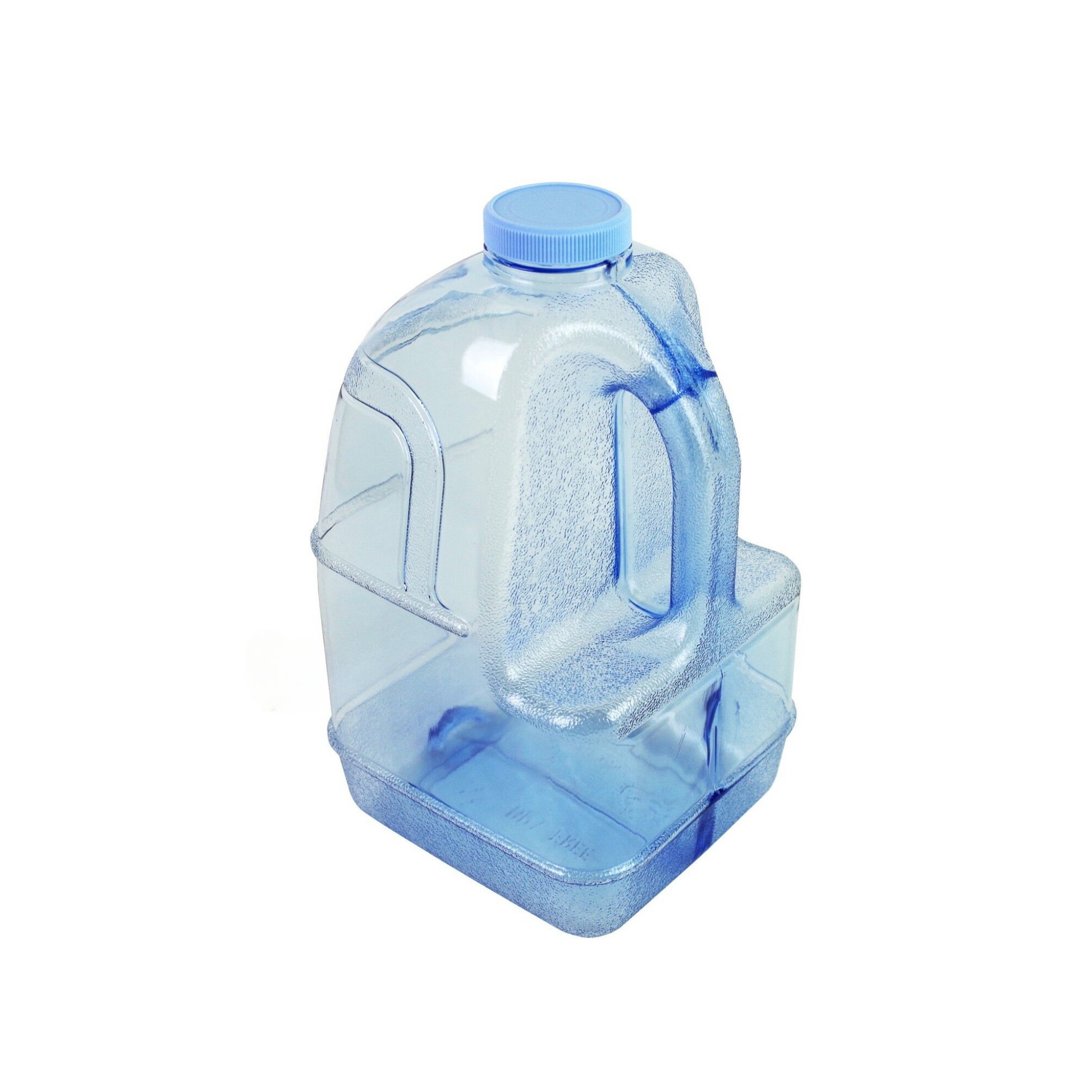 BPA-free clear blue plastic jug with a 1-gallon capacity and built-in handle, perfect for home or office use