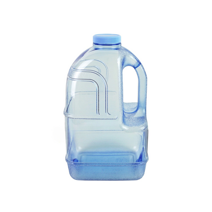 Clear blue plastic water jug with a 1-gallon capacity and sturdy handle, made with BPA-free materials