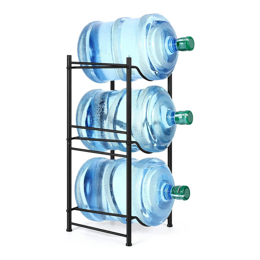 Store up to 5 water bottles with ease using our sleek 3-tier water jug rack in black. Made of premium steel, this sturdy rack saves valuable space in your home or office while keeping your water jugs organized.