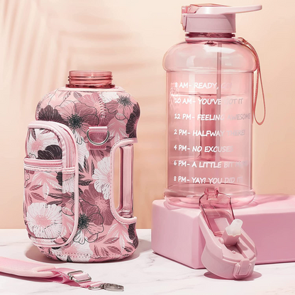 Sip in style with our Half Gallon 64 OZ Gym Water Bottle with Sleeve (Pink)