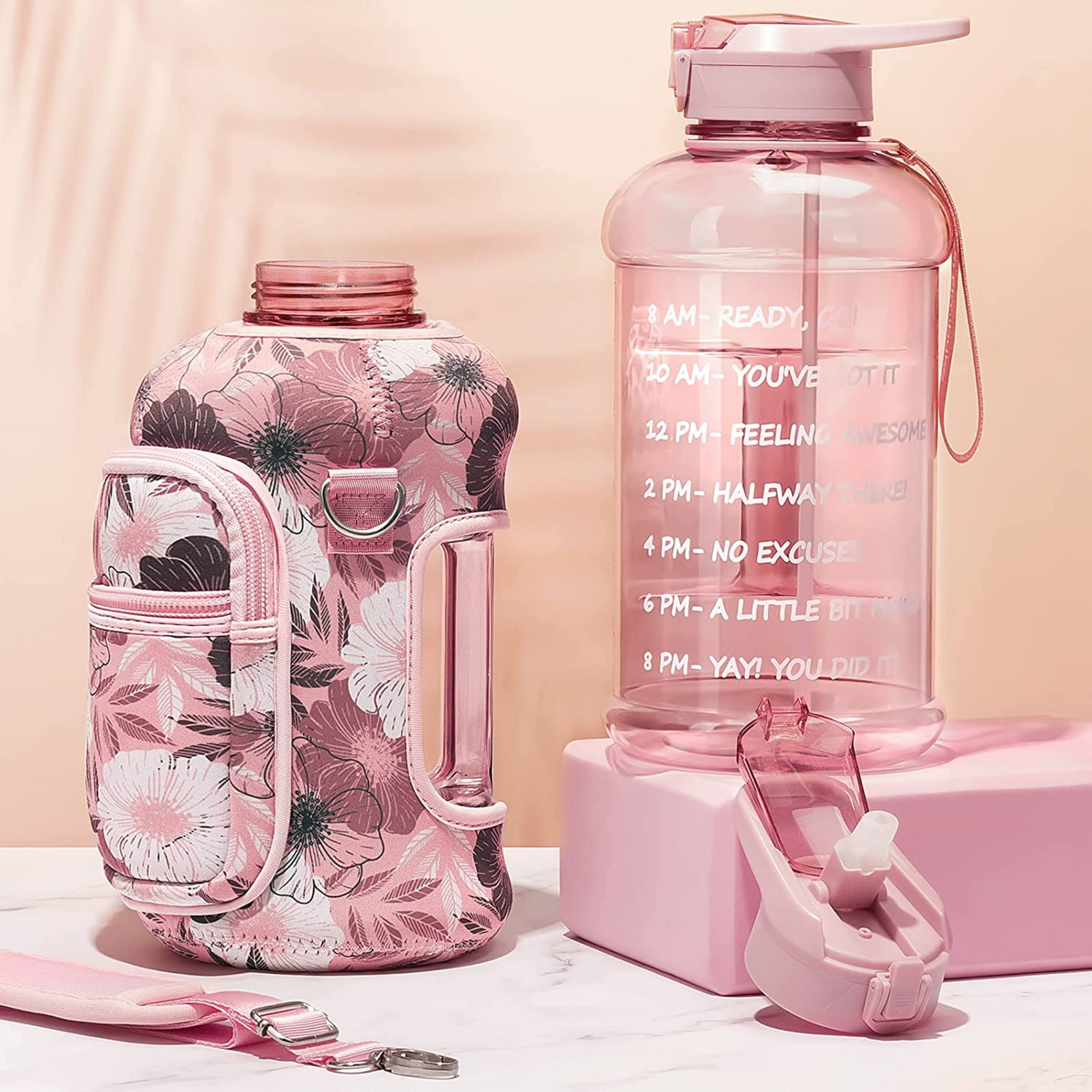 64 oz Half Gallon Water Bottle. Pink. with Sleeve and Carrying Strap by S'moo