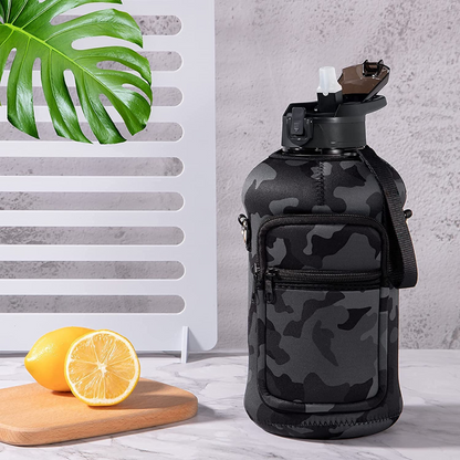 Reusable 64 OZ Water Bottle with Black Cammo Sleeve - Eco-Friendly Hydration
