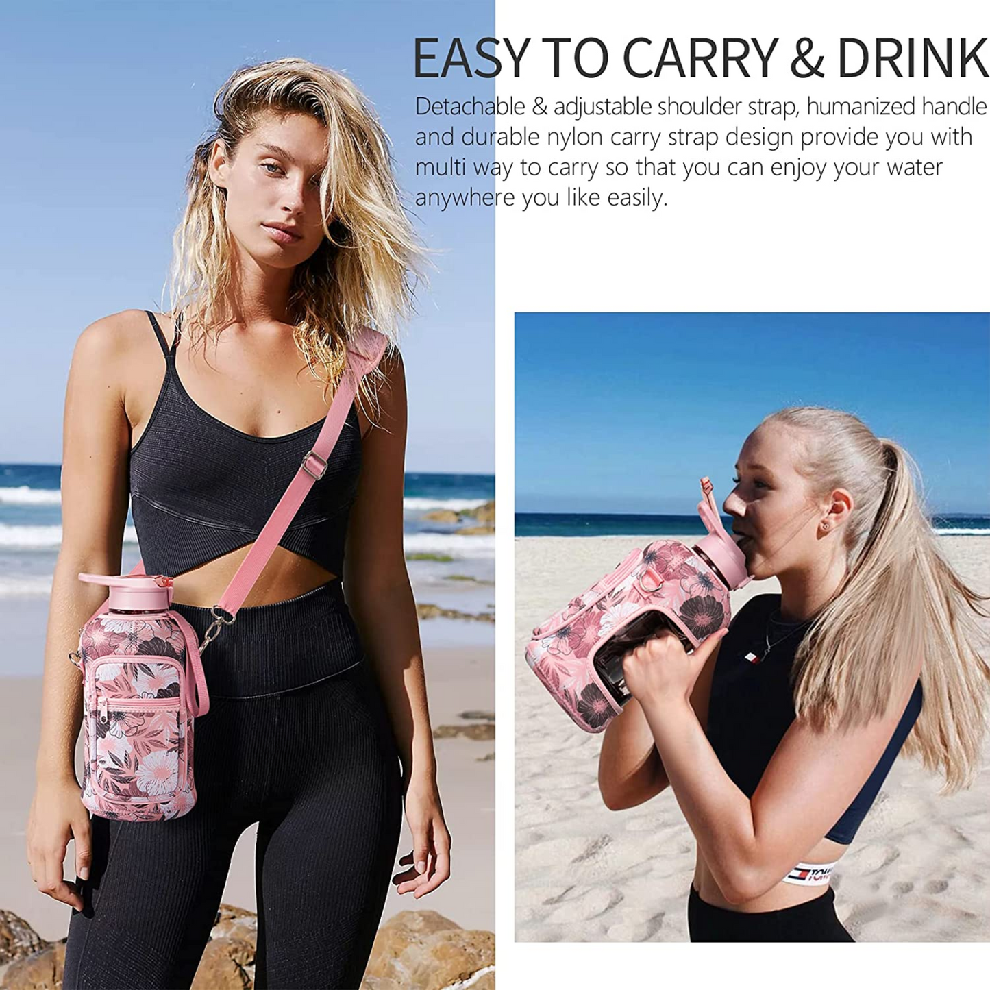 Make your gym sessions even better with our Half Gallon 64 OZ Gym Water Bottle with Sleeve (Pink)