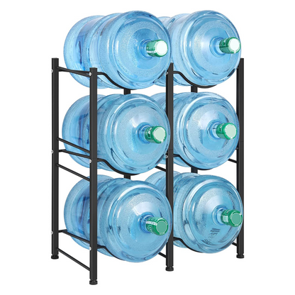 Organize your home or office with this 3-tier double 5-gallon water bottle rack made of durable steel. It measures 24.8” x 12.9” x 29.1” (LWH) and is designed to hold up to 6 water gallon jugs at one time. With adjustable screw feet and a secure dual tray design, it's a practical and safe addition to any room.