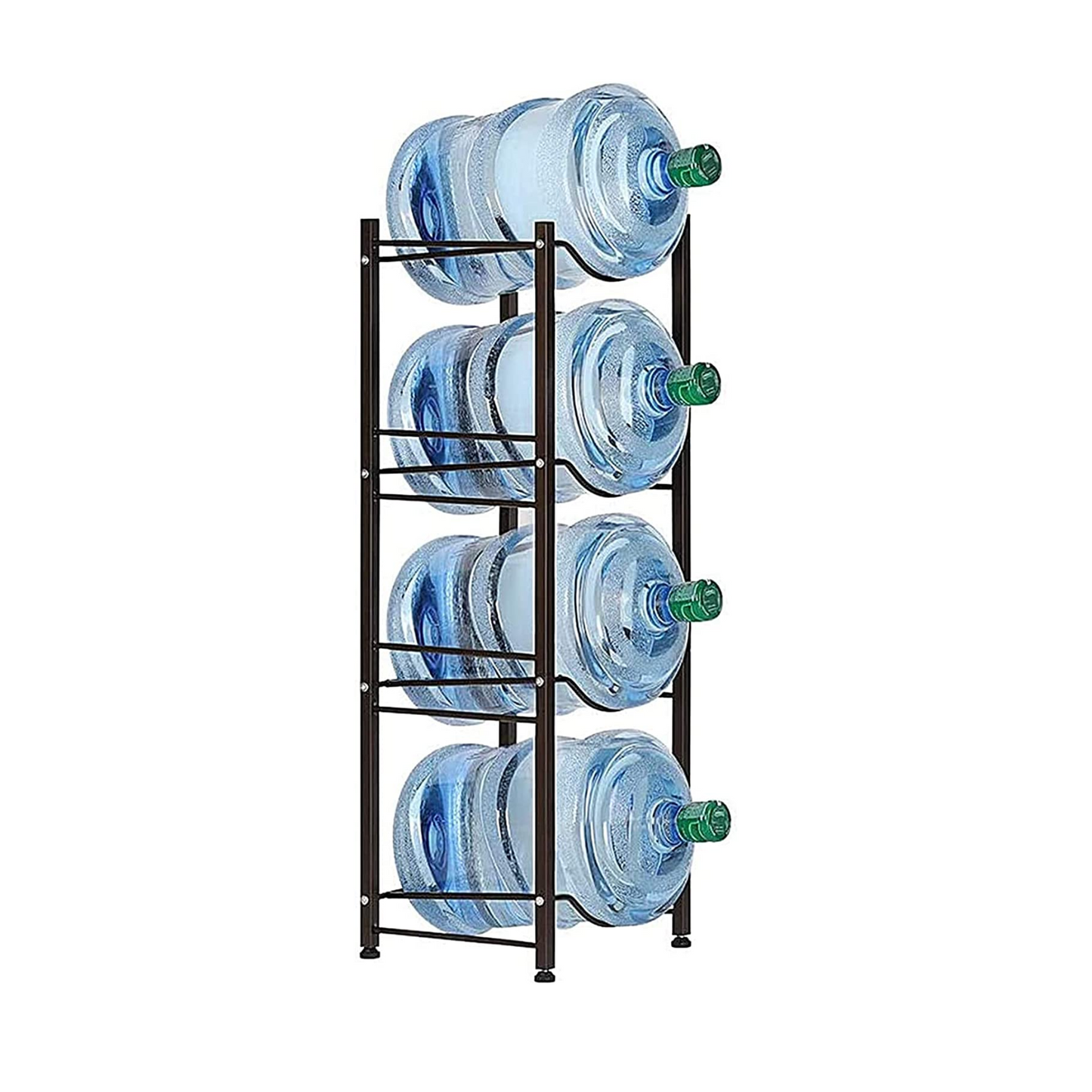 Organize your water bottles in style with our 4-Tier 5-Gallon Water Bottle Rack in dark brown. Made of sturdy steel with a rustproof finish, it can hold up to four water bottles and measures 13.39 x 13.07 x 52.95 inches. Perfect for kitchens, breakrooms, offices, and classrooms.