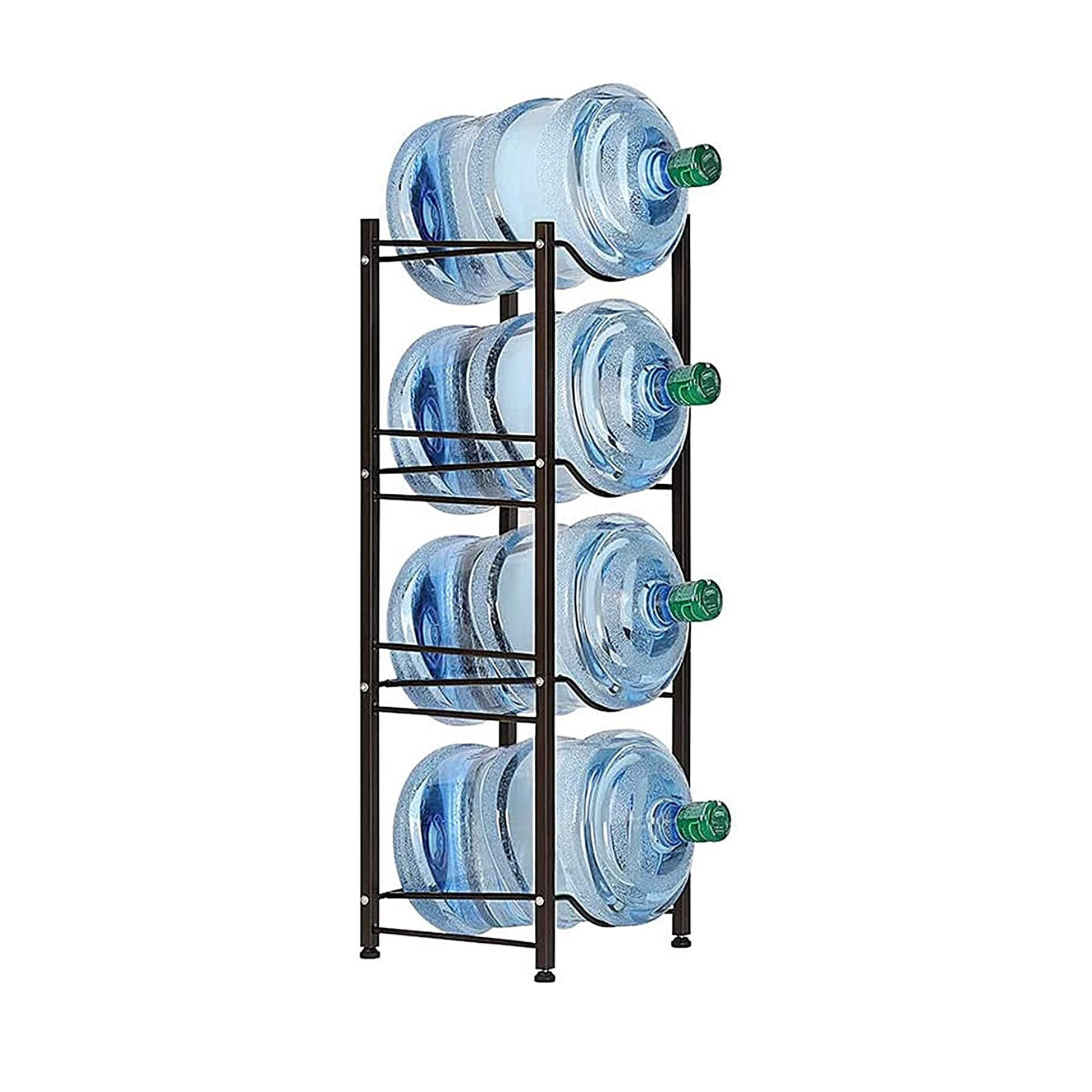 Organize your water bottles in style with our 4-Tier 5-Gallon Water Bottle Rack in dark brown. Made of sturdy steel with a rustproof finish, it can hold up to four water bottles and measures 13.39 x 13.07 x 52.95 inches. Perfect for kitchens, breakrooms, offices, and classrooms.