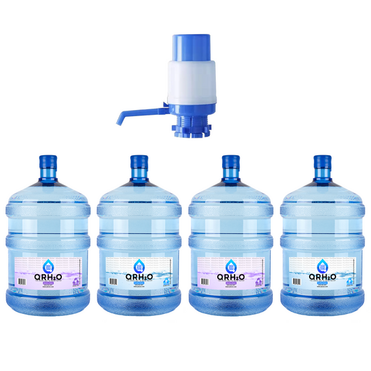 Bundle pack of 5-gallon 2 Purified and 2 Alkaline water jugs with a bonus free manual pump for easy dispensing.