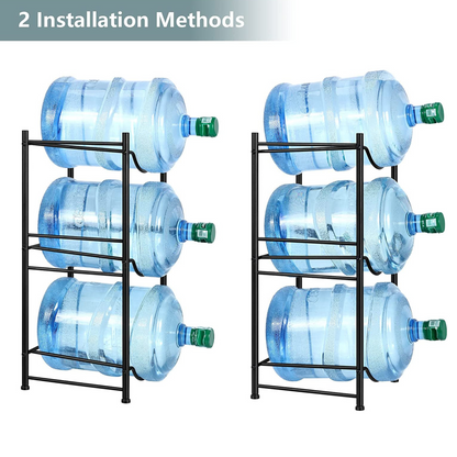 Organize your water bottles and streamline your storage with our 3-tier water jug rack in black. Made of premium steel, it can hold up to 5 bottles and is the perfect addition to your home, office, or break room.