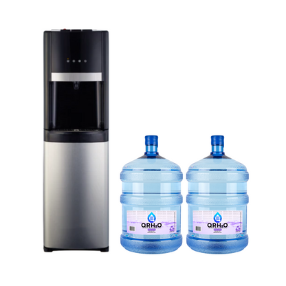 Hot, Cold, and Room Temperature Water Dispenser with 2x 5-Gallon Water Bottles" "Stainless Steel Water Dispenser with 2x 5-Gallon Water Bottles and Bottom Loader Design