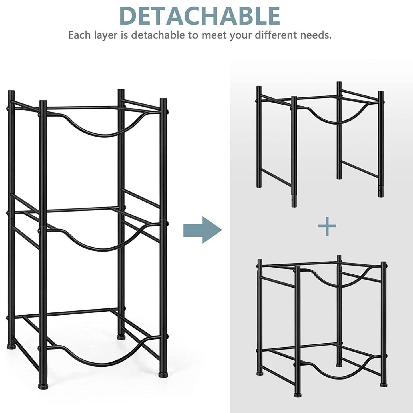 Keep your space clutter-free with our 3-tier water jug rack. Made of premium steel in black, it's a sleek and sturdy solution for storing up to 5 water bottles. Perfect for your kitchen, restaurant, or office.