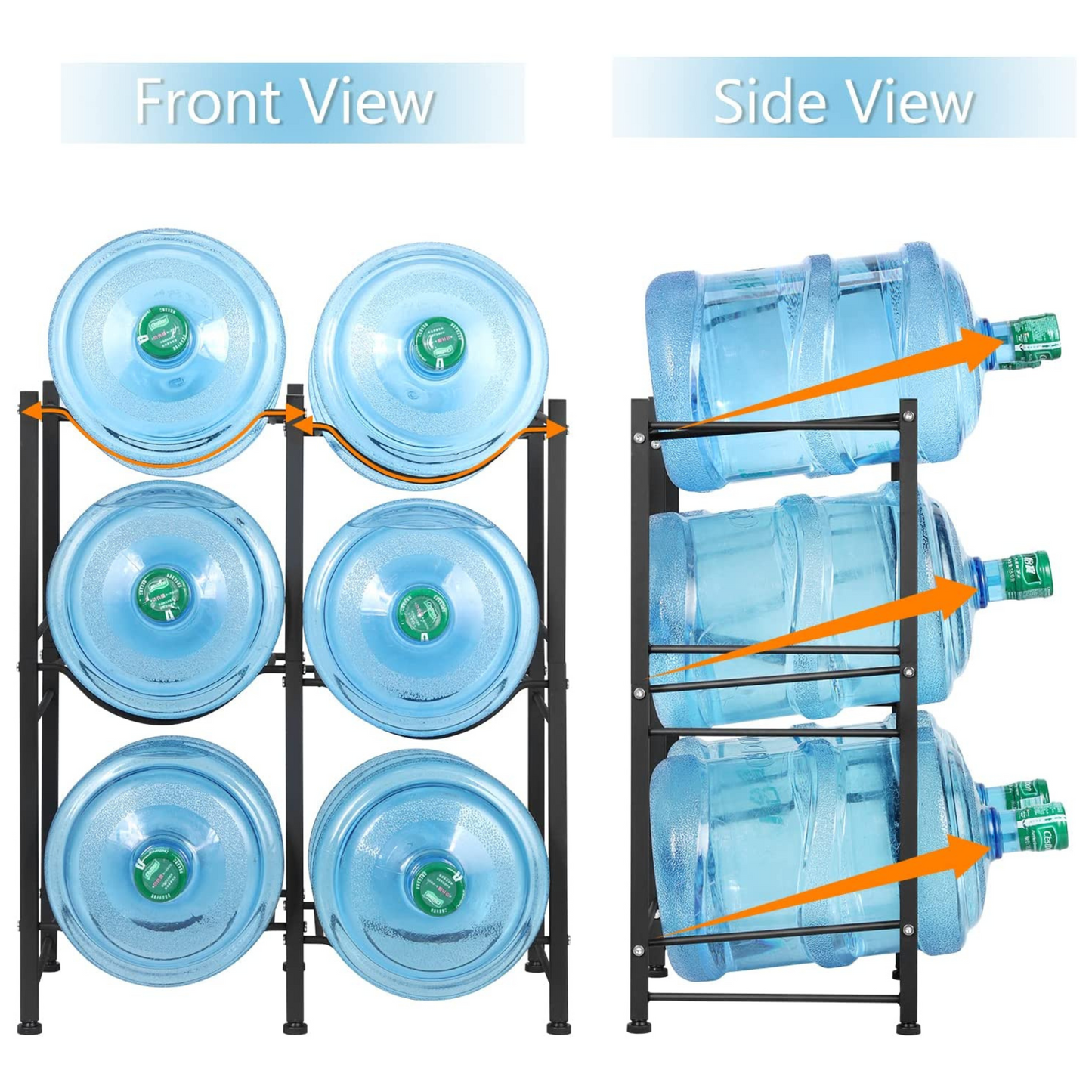 Designed to hold up to 6 water gallon jugs at one time, this 3-tier double 5-gallon water bottle rack is made of heavy-duty steel and measures 24.8” x 12.9” x 29.1” (LWH). Its adjustable screw feet provide stability and prevent floor damage, making it a practical and safe addition to any room.