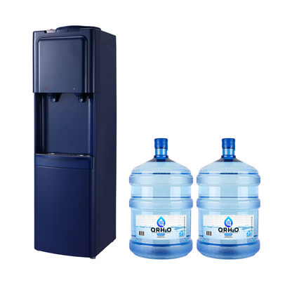 Navy blue hot and cold water dispenser from Primo with two 5-gallon water bottles included.