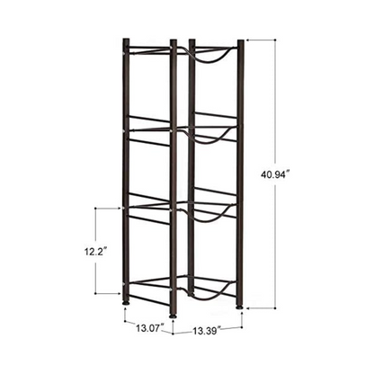 Save valuable floor space with our 4-Tier 5-Gallon Water Bottle Rack in dark brown. Made of sturdy steel with a rustproof finish, it can hold up to four water bottles and measures 13.39 x 13.07 x 52.95 inches. Assembly is tool-free and easy, and it comes with rubber feet to prevent floor damage.