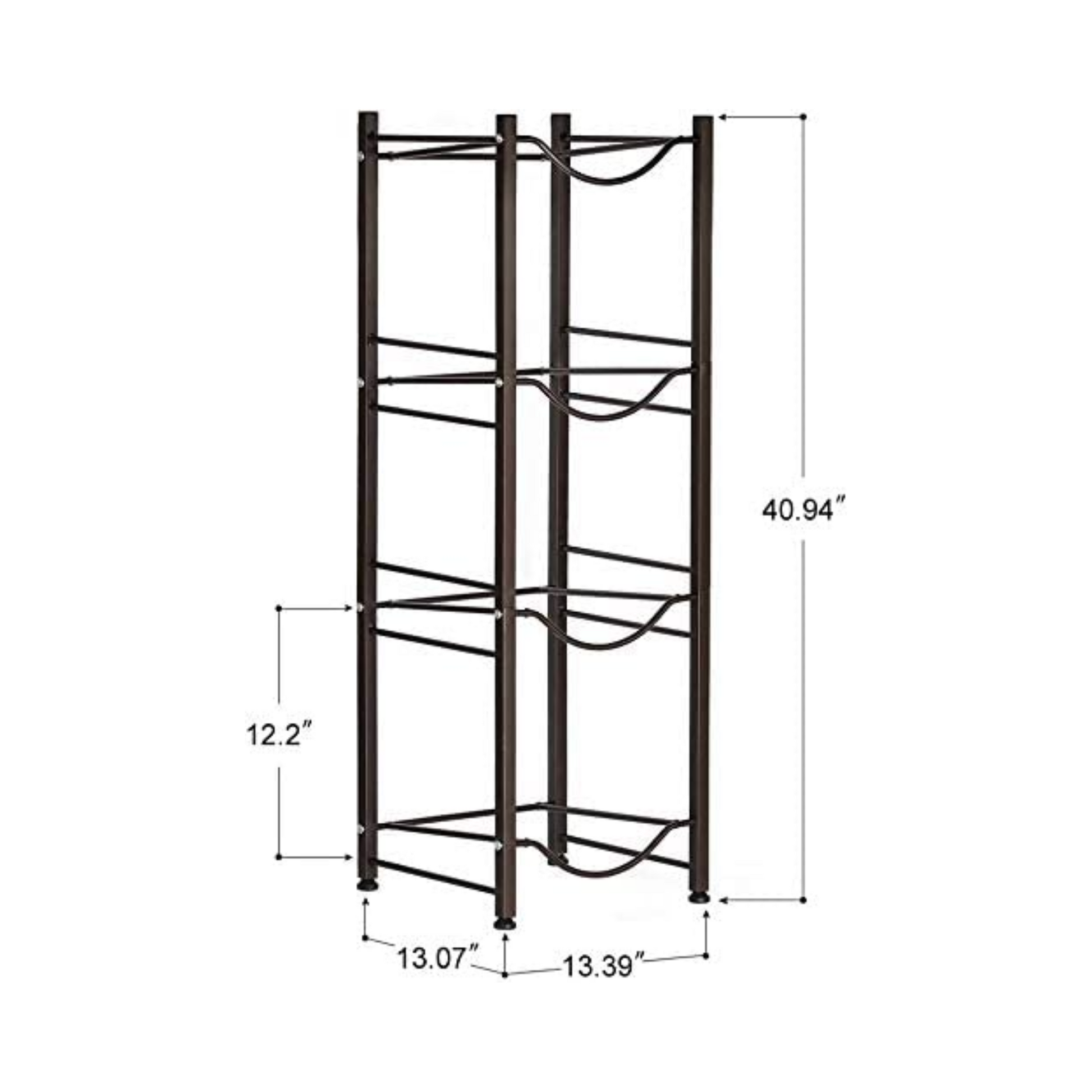 Save valuable floor space with our 4-Tier 5-Gallon Water Bottle Rack in dark brown. Made of sturdy steel with a rustproof finish, it can hold up to four water bottles and measures 13.39 x 13.07 x 52.95 inches. Assembly is tool-free and easy, and it comes with rubber feet to prevent floor damage.