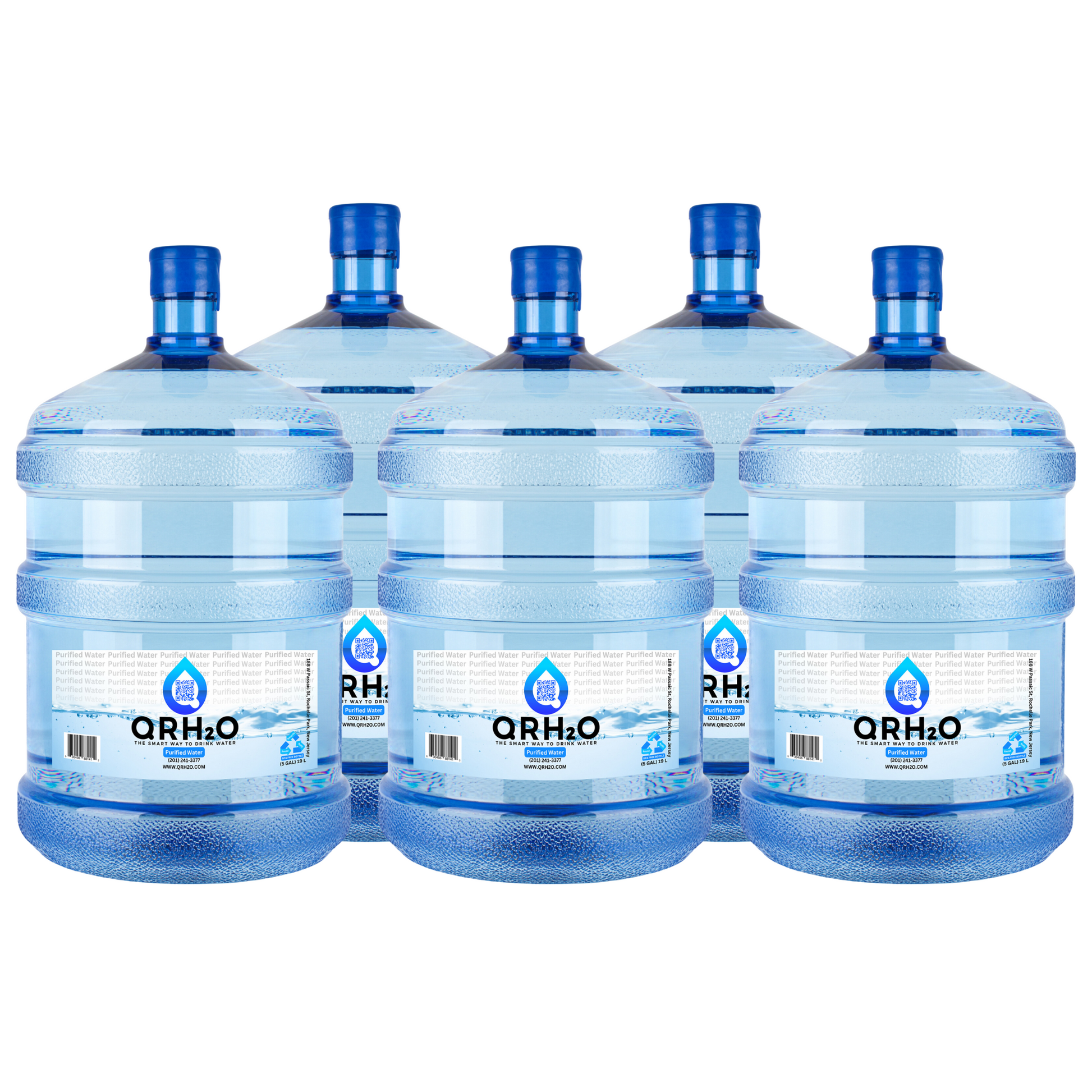 Experience the crisp taste of pure water with 5 of our 5-gallon 100% purified water bottles