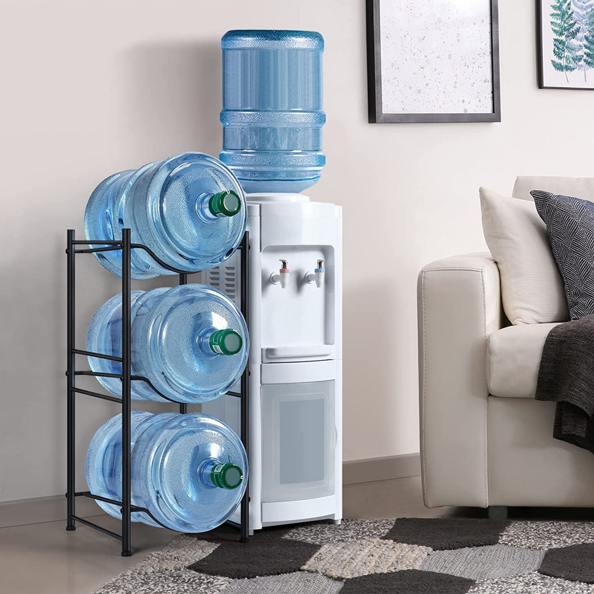 Simplify your water bottle storage with our 3-tier water jug rack in black. Made of premium steel, it's a sturdy and convenient storage solution that can hold up to 5 water bottles. Perfect for busy individuals who need quick and easy access to water.