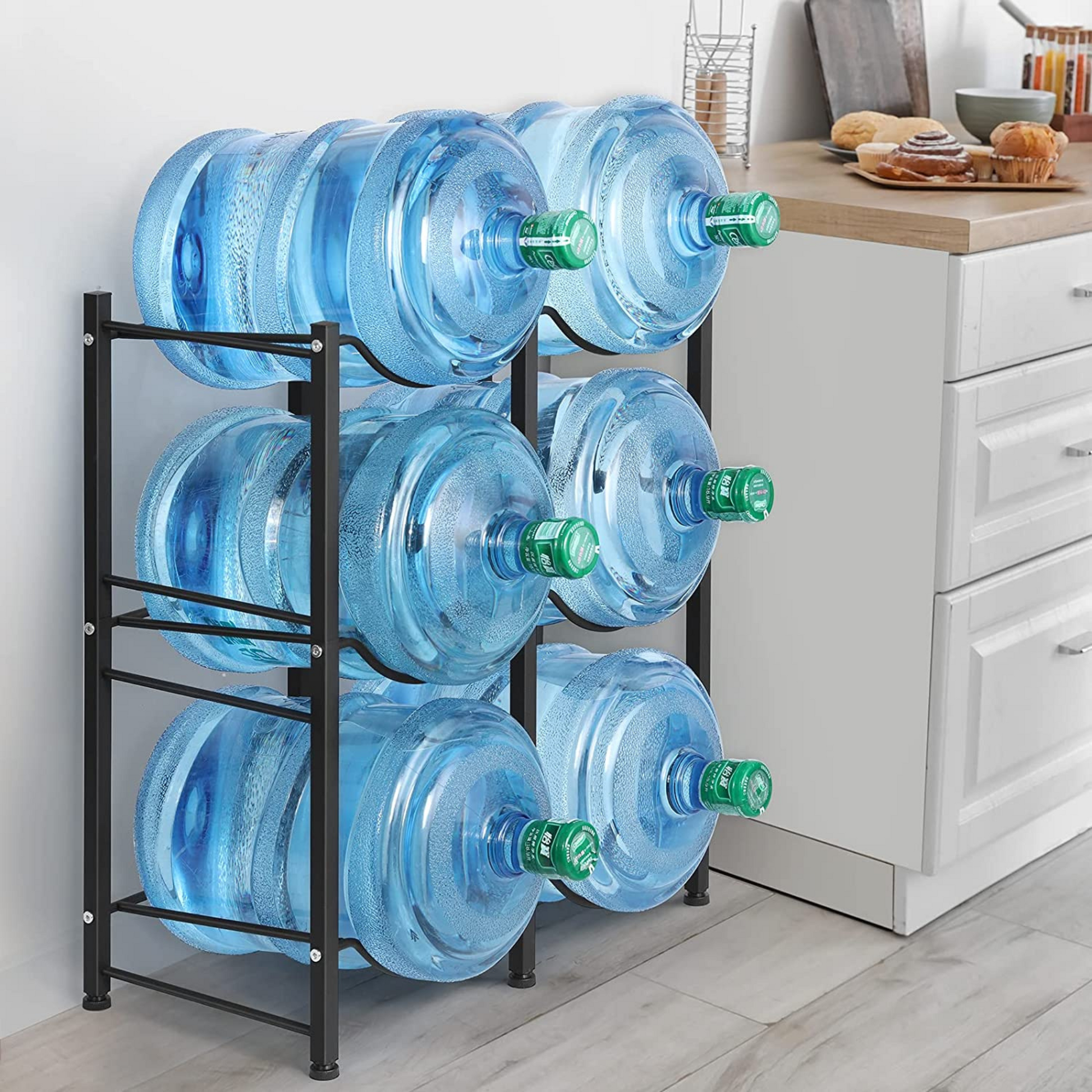 Maximize your space while keeping your water jugs organized with this 3-tier double 5-gallon water bottle rack. Made of durable steel with black paint, it measures 24.8” x 12.9” x 29.1” (LWH) and can hold up to 6 water gallon jugs at one time. Its adjustable screw feet provide stability and prevent floor damage.