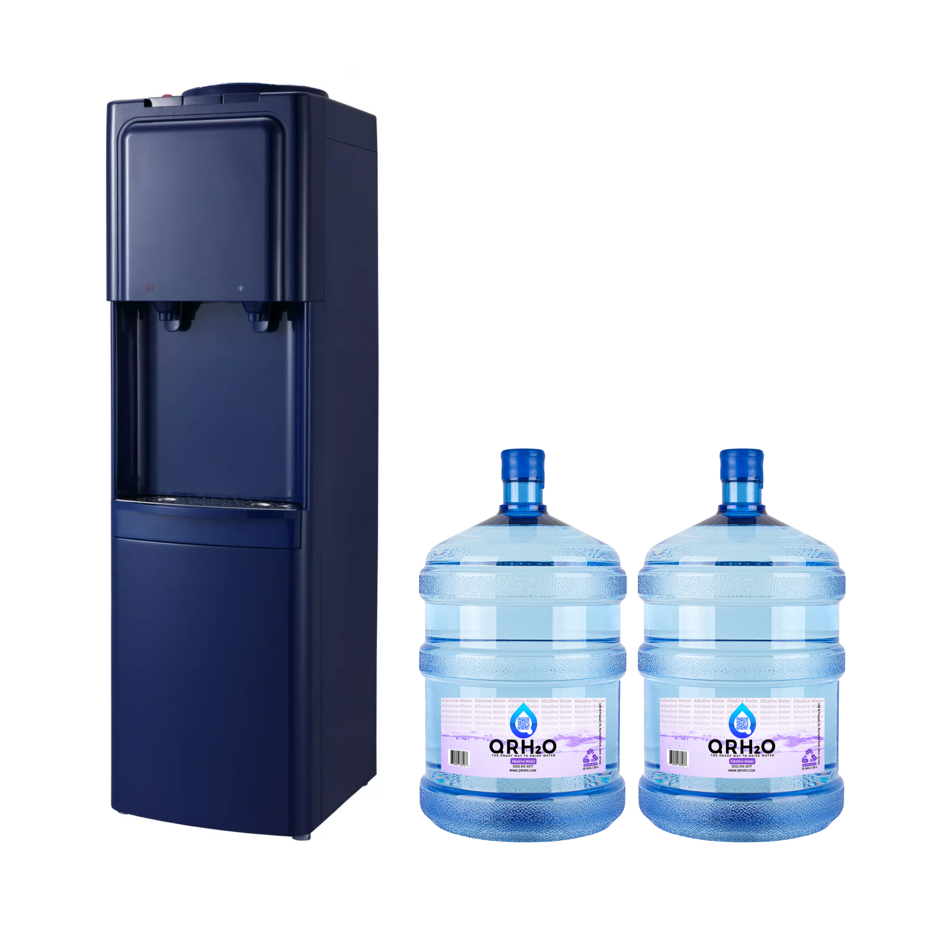 Get hot and cold water on demand with the Primo top-loading water dispenser, which comes with two 5-gallon water bottles in a sleek navy blue design.