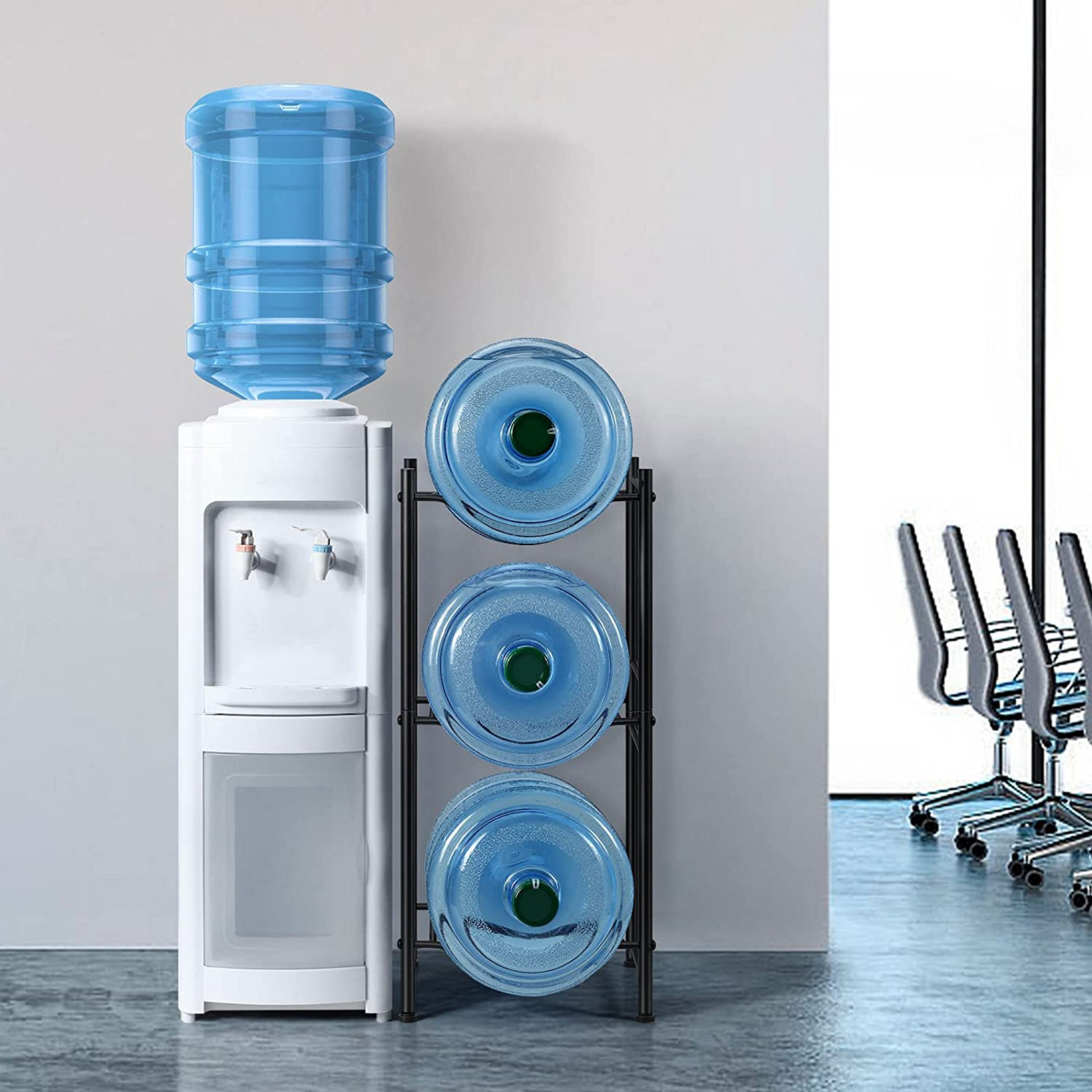 Our 3-tier water jug rack in black is a must-have for any home or office. Made of premium steel, it's a sturdy and space-saving solution that can hold up to 5 water bottles. Easy to assemble and convenient to use.