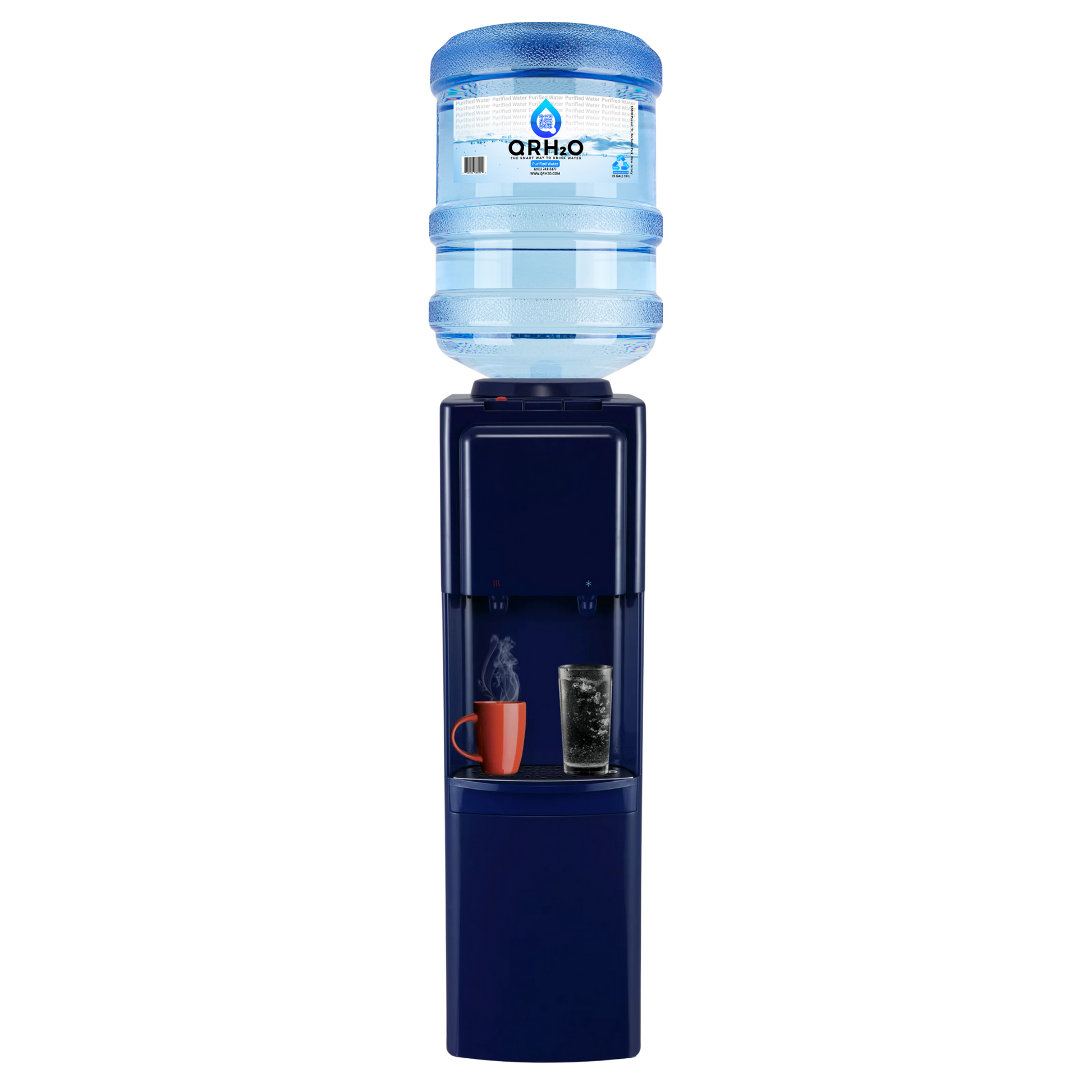 Stay hydrated with ease thanks to the Primo top-loading water dispenser in navy blue, which includes two 5-gallon water bottles and offers both hot and cold water options.