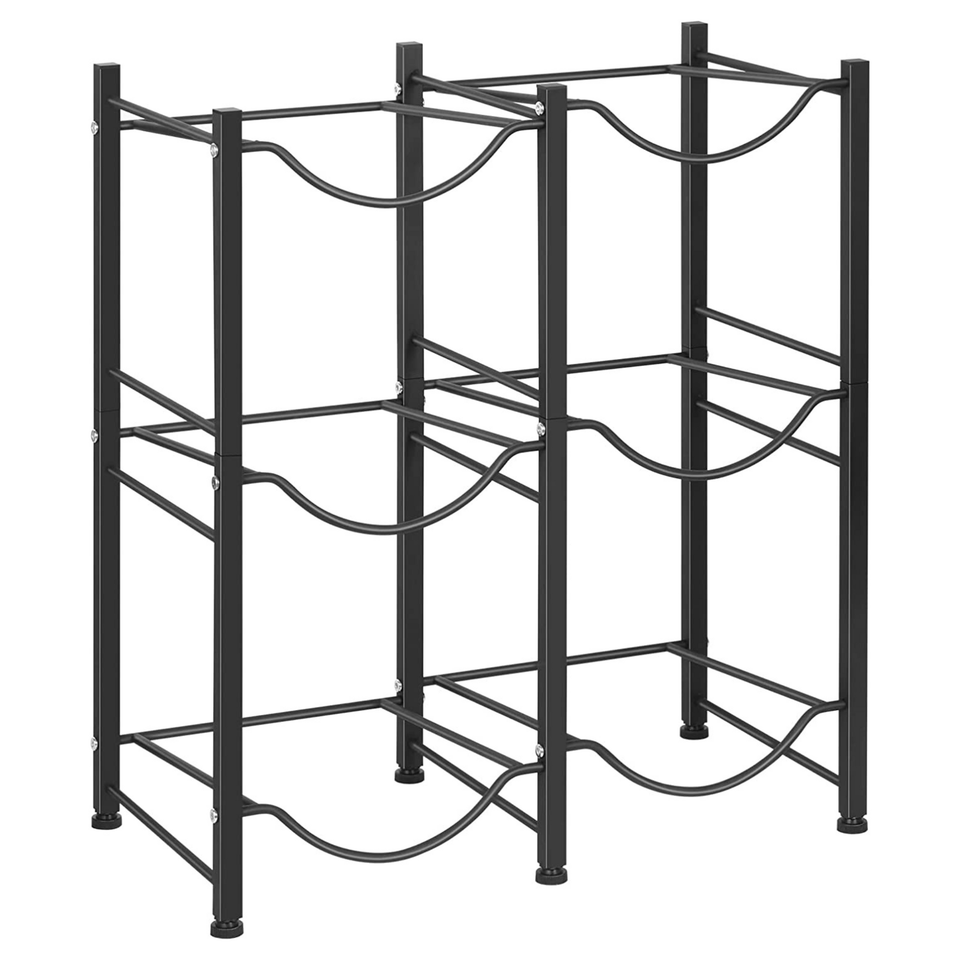 Save valuable floor space while keeping your home or office organized with this 3-tier double 5-gallon water bottle rack. Made of durable steel with black paint, it measures 24.8” x 12.9” x 29.1” (LWH) and can hold up to 6 water gallon jugs at one time. Its adjustable screw feet provide stability and prevent floor damage.