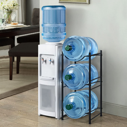 Make your life easier with our 3-tier water jug rack in black. Made of premium steel, it's a sleek and practical storage solution that can hold up to 5 water bottles. Perfect for your kitchen, break room, or office.