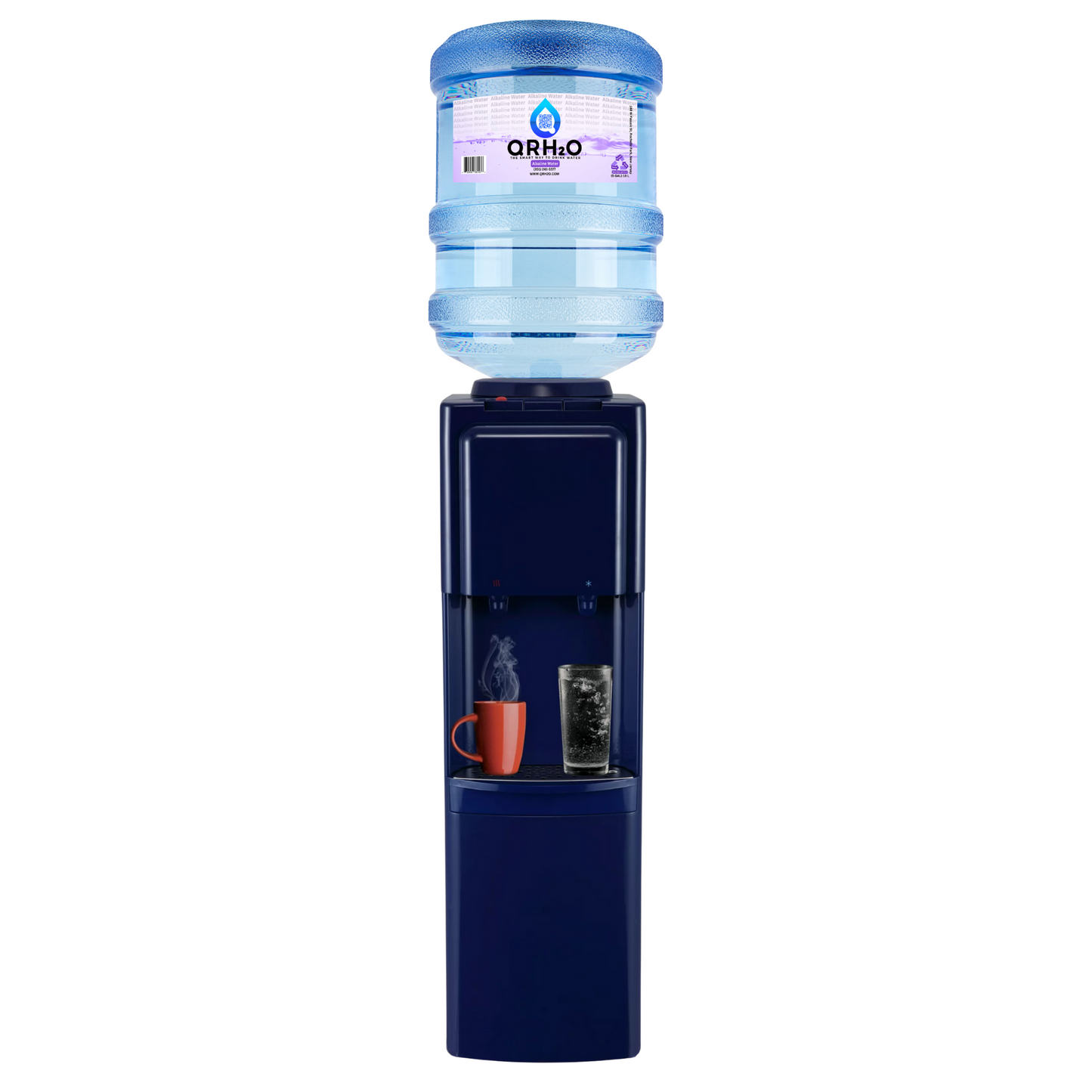 5-Gallon Water Dispenser in navy blue, top loading design with hot and cold water options, from the brand Primo.