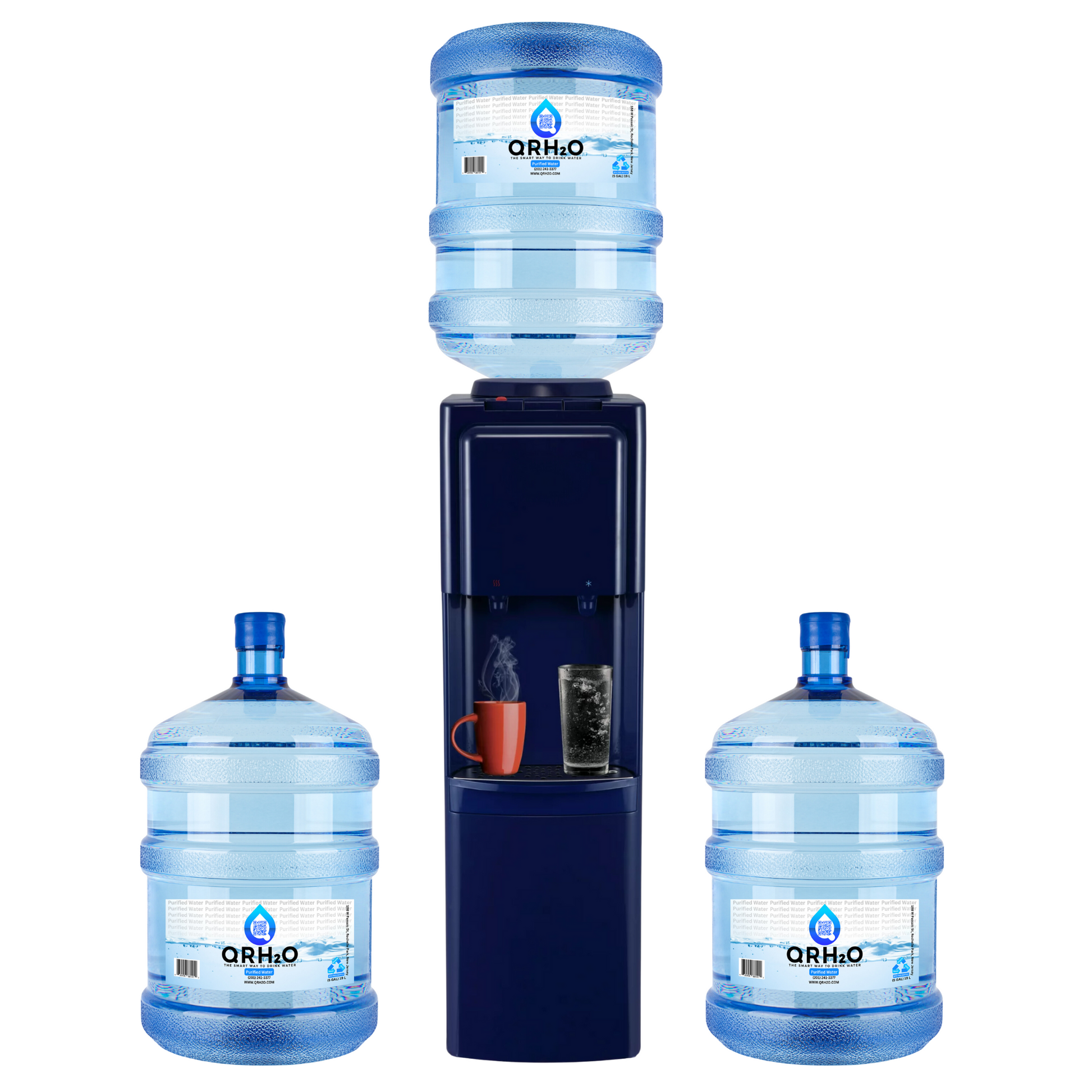 Get fresh, clean water anytime with 3 of our 5-gallon bottles, available in your choice of purified or alkaline water, and a top loading hot and cold dispenser in navy blue from Primo.
