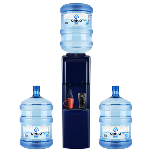 Get fresh, clean water anytime with 3 of our 5-gallon bottles, available in your choice of purified or alkaline water, and a top loading hot and cold dispenser in navy blue from Primo.