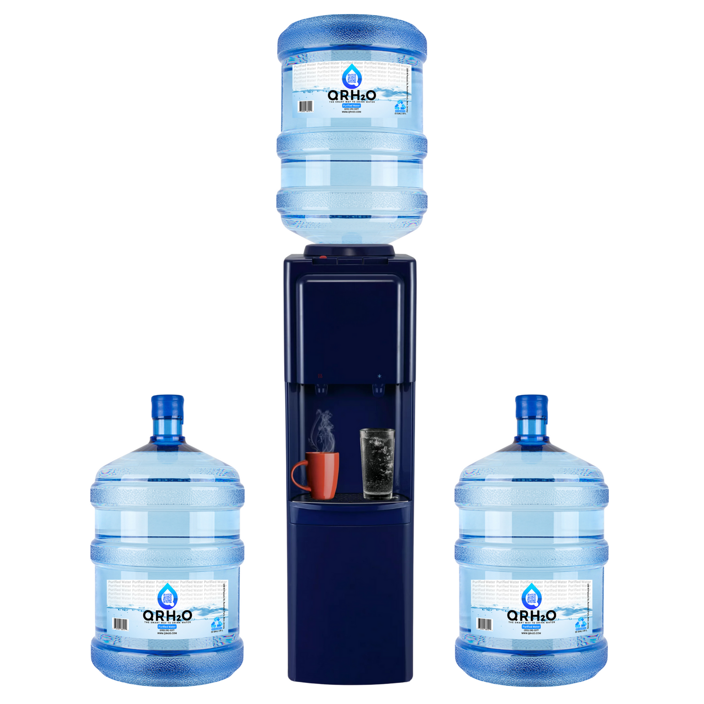 Get fresh, clean water anytime with 3 of our 5-gallon bottles, available in your choice of purified or alkaline water, and a top loading hot and cold dispenser in navy blue from Primo.