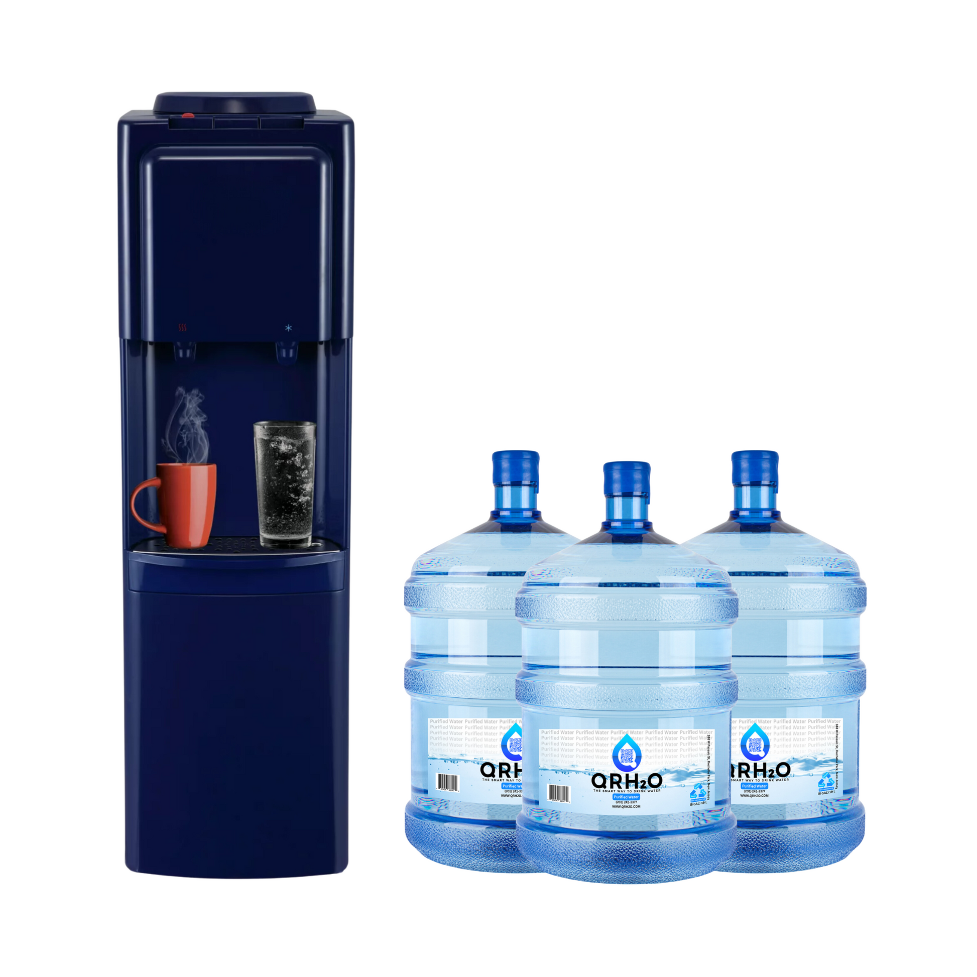 Stay hydrated with ease with 3 of our 5-gallon bottles, offering either purified or alkaline water, and a convenient top-loading hot and cold dispenser in a sleek navy blue design from Primo.