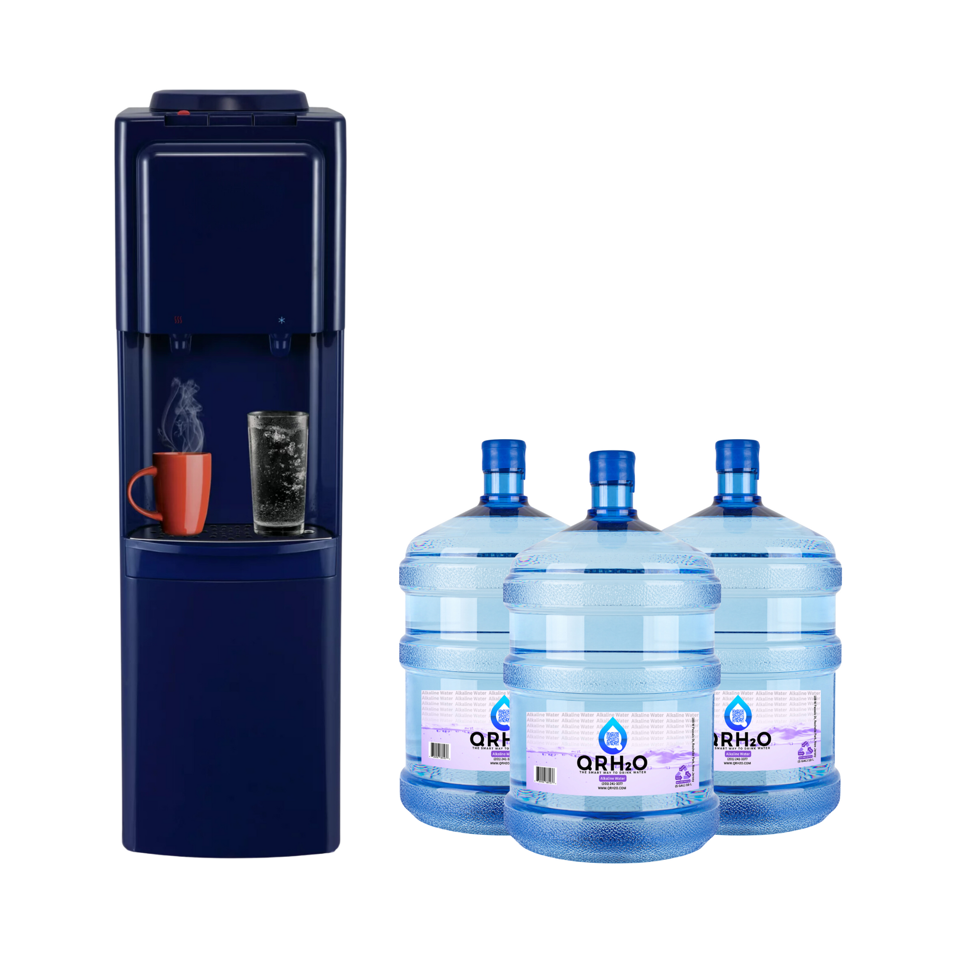 Upgrade your water supply with 3 of our 5-gallon bottles, providing purified or alkaline water options, and a top-loading hot and cold dispenser in a contemporary navy blue finish from Primo.